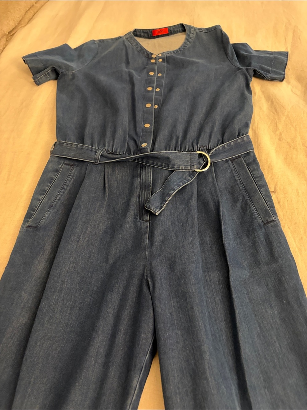 HUGO Blue Denim Short-Sleeve Jumpsuit Overalls with Belt